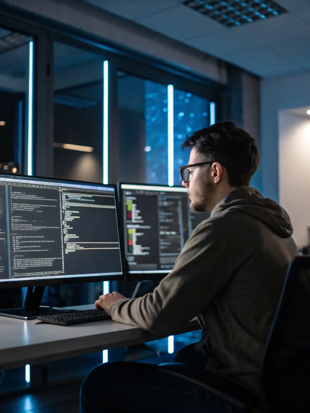 A person working on a complex DevOps project with multiple screens and code, highlighting the real-world application of the course.