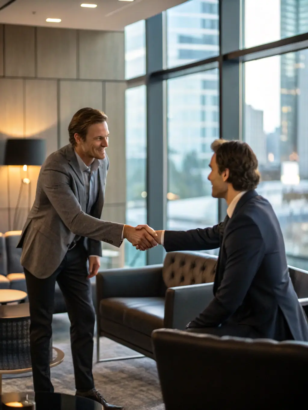 A professional-looking individual in a business suit confidently shaking hands with a tech professional in a modern office setting, symbolizing a successful career transition after completing the DevOps course.