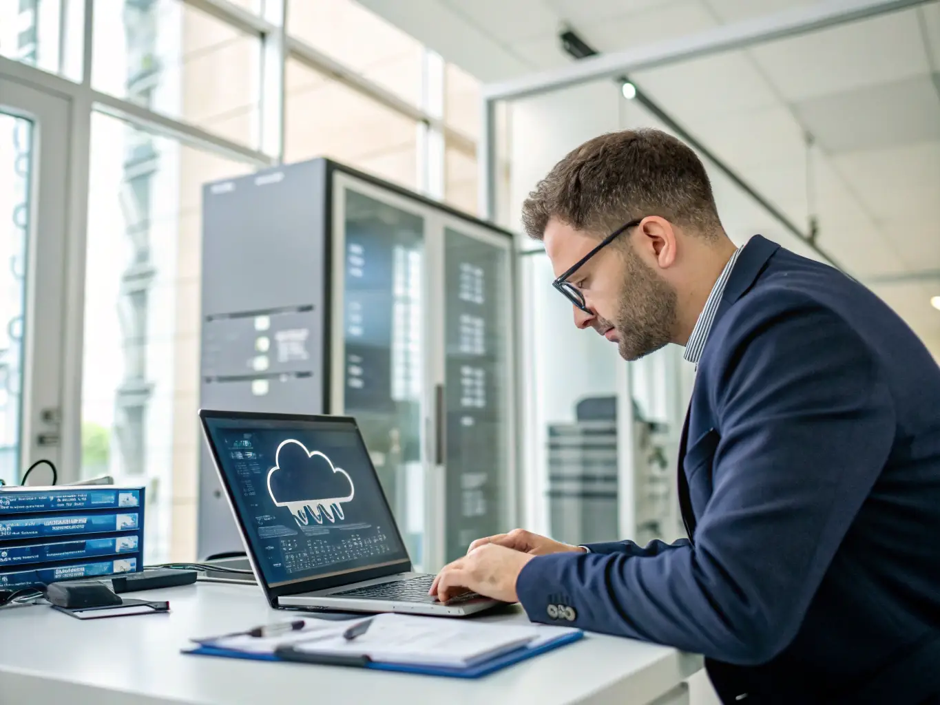 An image showing a person working on a computer, surrounded by DevOps-related icons and symbols, such as automation scripts, cloud infrastructure diagrams, and continuous integration pipelines.
