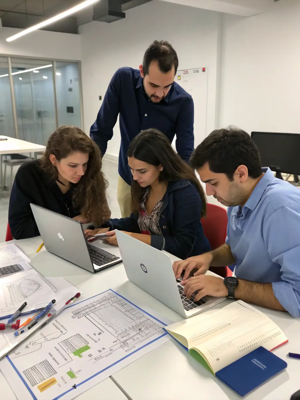 A group of diverse students collaborating on a DevOps project, showcasing teamwork and practical skills gained from the course.